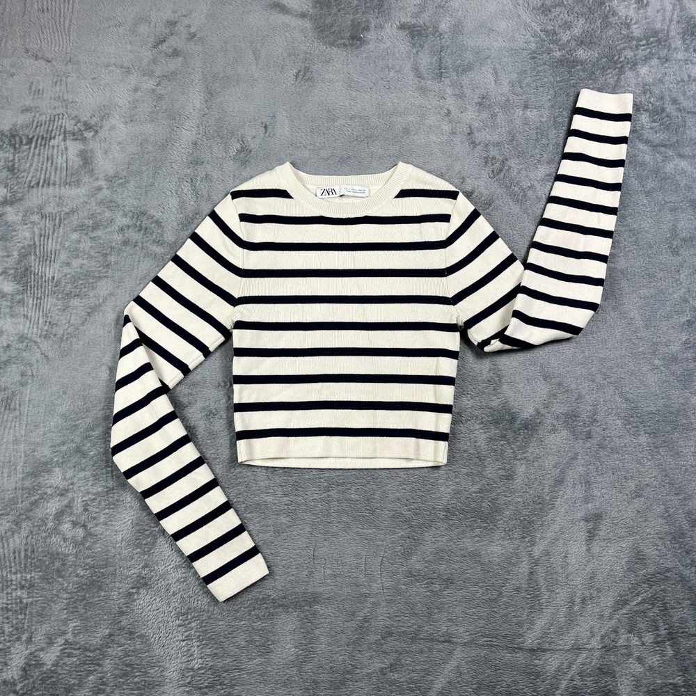 Zara Cropped Sweater Womens Small Beige Black Striped Ribbed Knit Long Sleeve